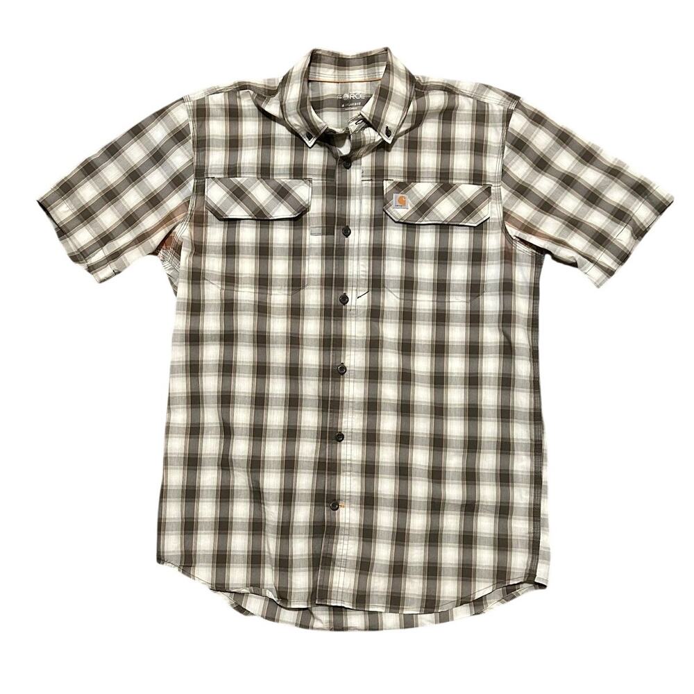 Carhartt Force Men's Medium Relaxed Fit Short Sleeve Shirt Tan Brown Plaid